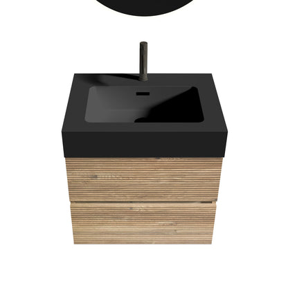 24' Floating Bathroom Vanity with Matte Black Quartz Sink and Oak Drawers