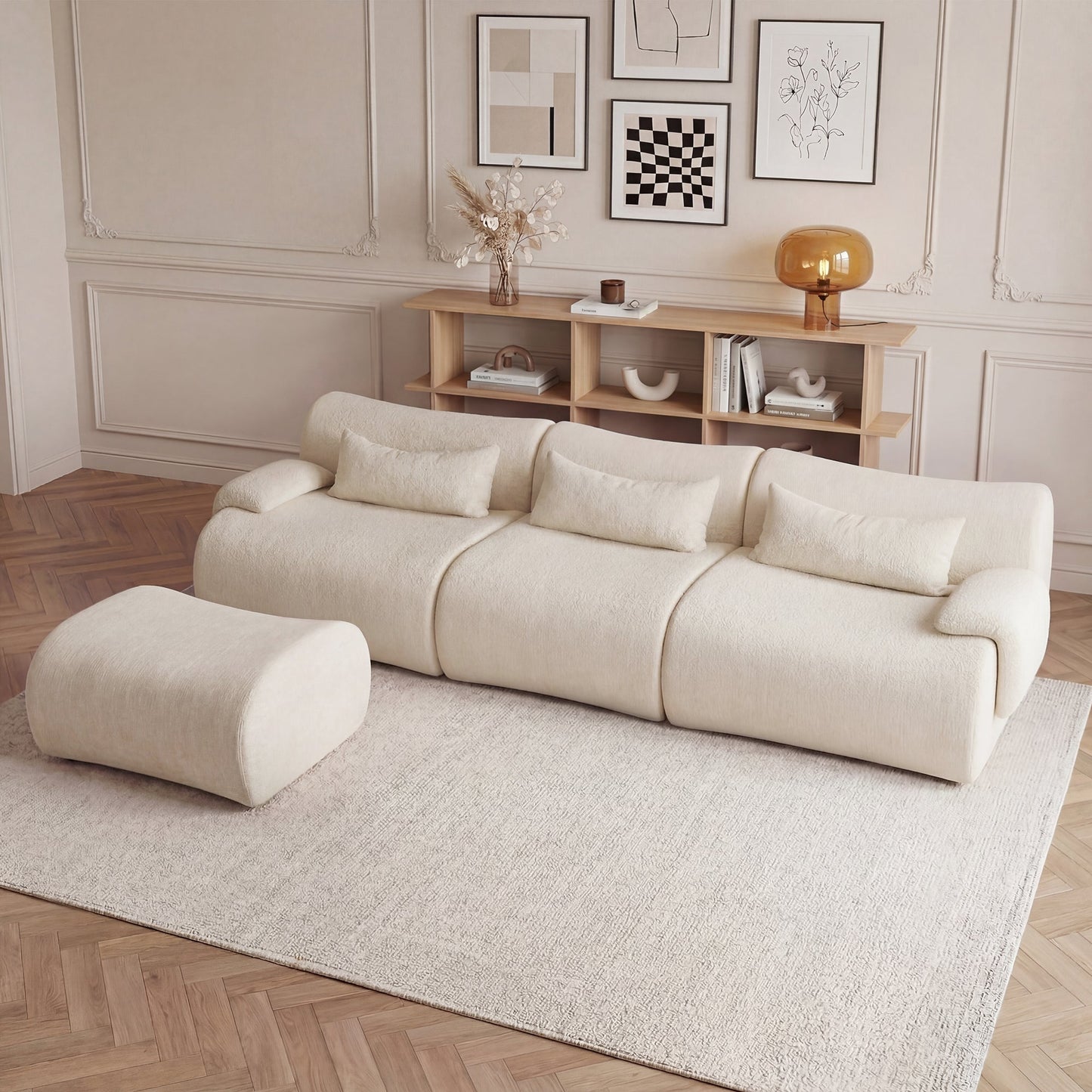 Sofa Curved White 3 Seat Anti-Slip 118 In No Assembly High-Density Foam