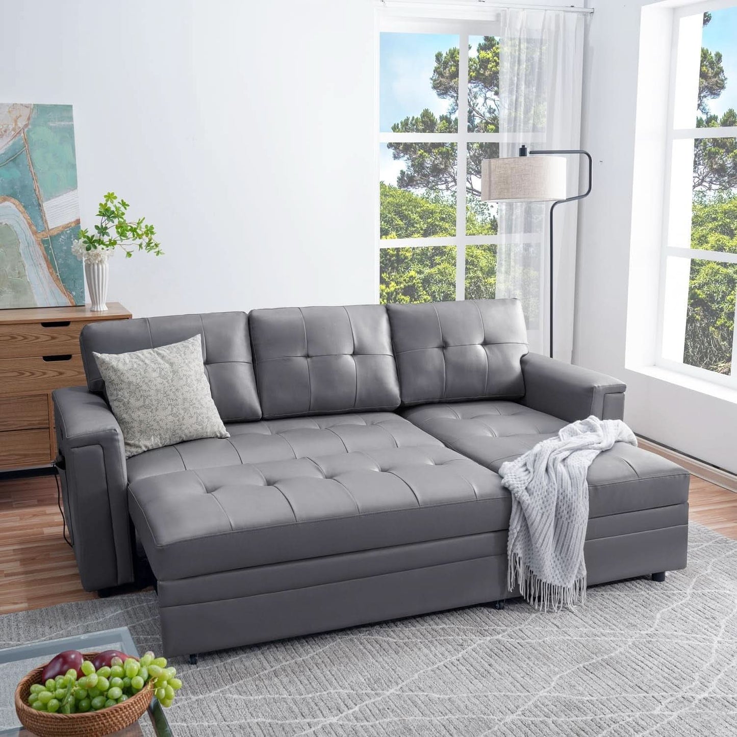 L Shaped Sectional Sleeper Sofa With USB Ports Gray Leather