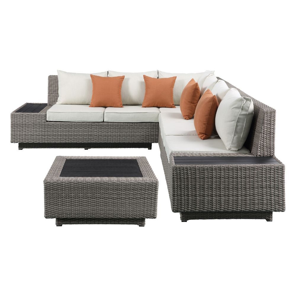 Salena - Patio Sectional Sofa With 4 Pillows & Coffee Table - Beige Fabric & Gray Wicker