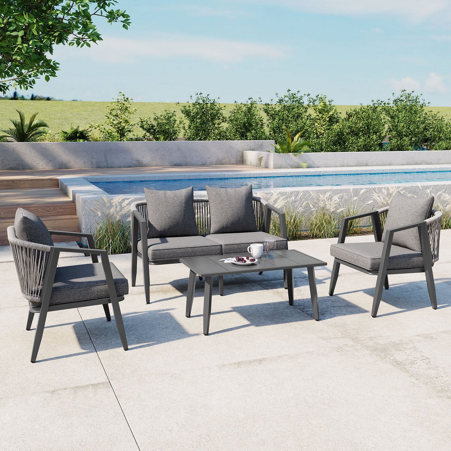 Outdoor Seating Set 4 Piece Bench Chairs Table Iron Gray