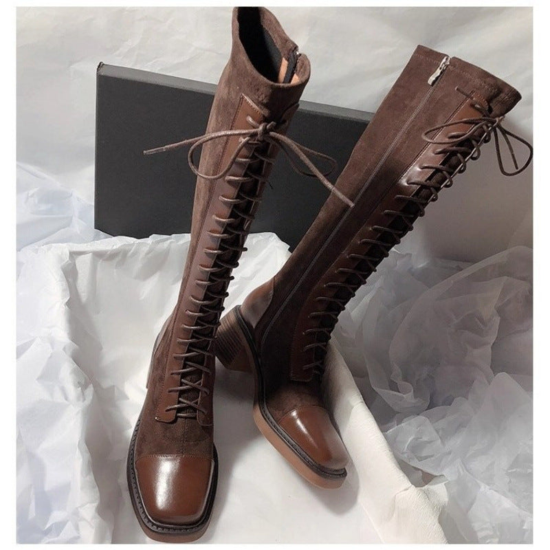 Stitched Round-toe Lace-up High-top Womens Boots