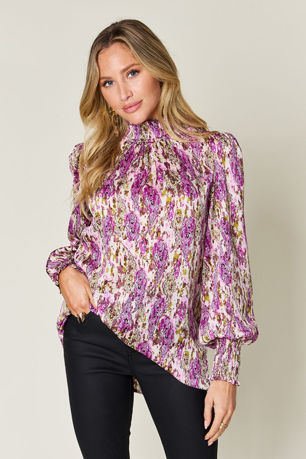 Semi-Sheer Smocked Top with Long Sleeves & Frills