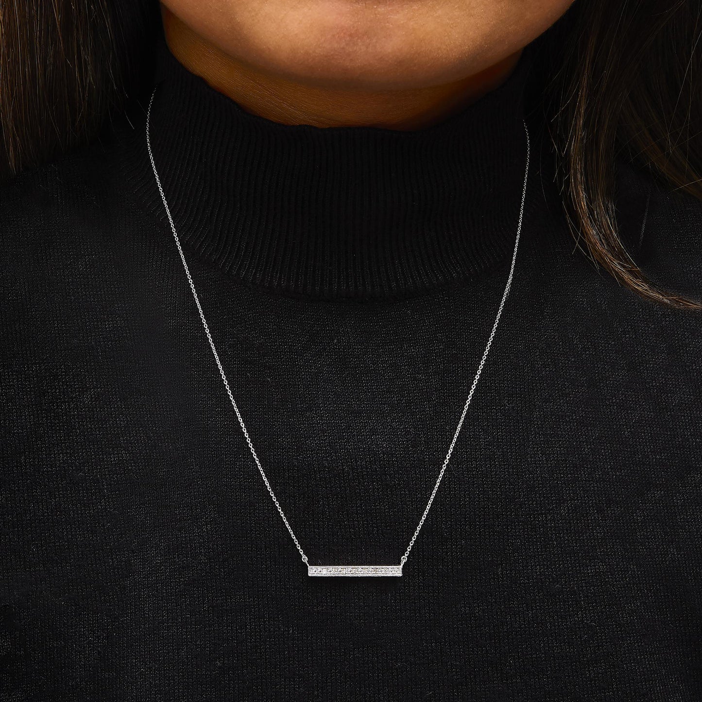 Diamond Milgrain Bar Pendant Necklace in Rhodium-Plated Sterling Silver
