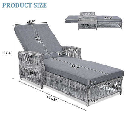 2 Pieces Long Reclining Chaise, Outdoor Wicker Lounge with Armrests, Patio