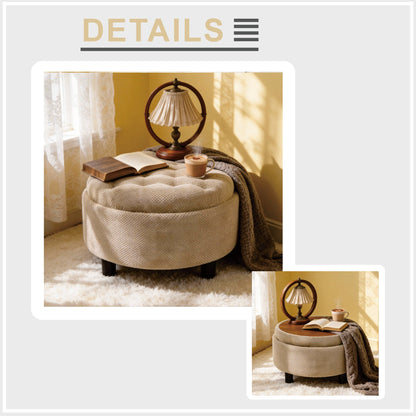 25 Inch Round Storage Ottoman with Wooden Top Side Table, Camel Fabric