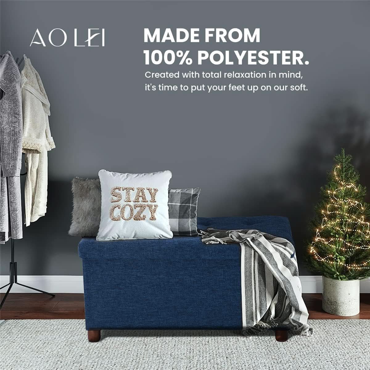 Blue Linen 30-Inch Storage Ottoman Bench Removable Lid