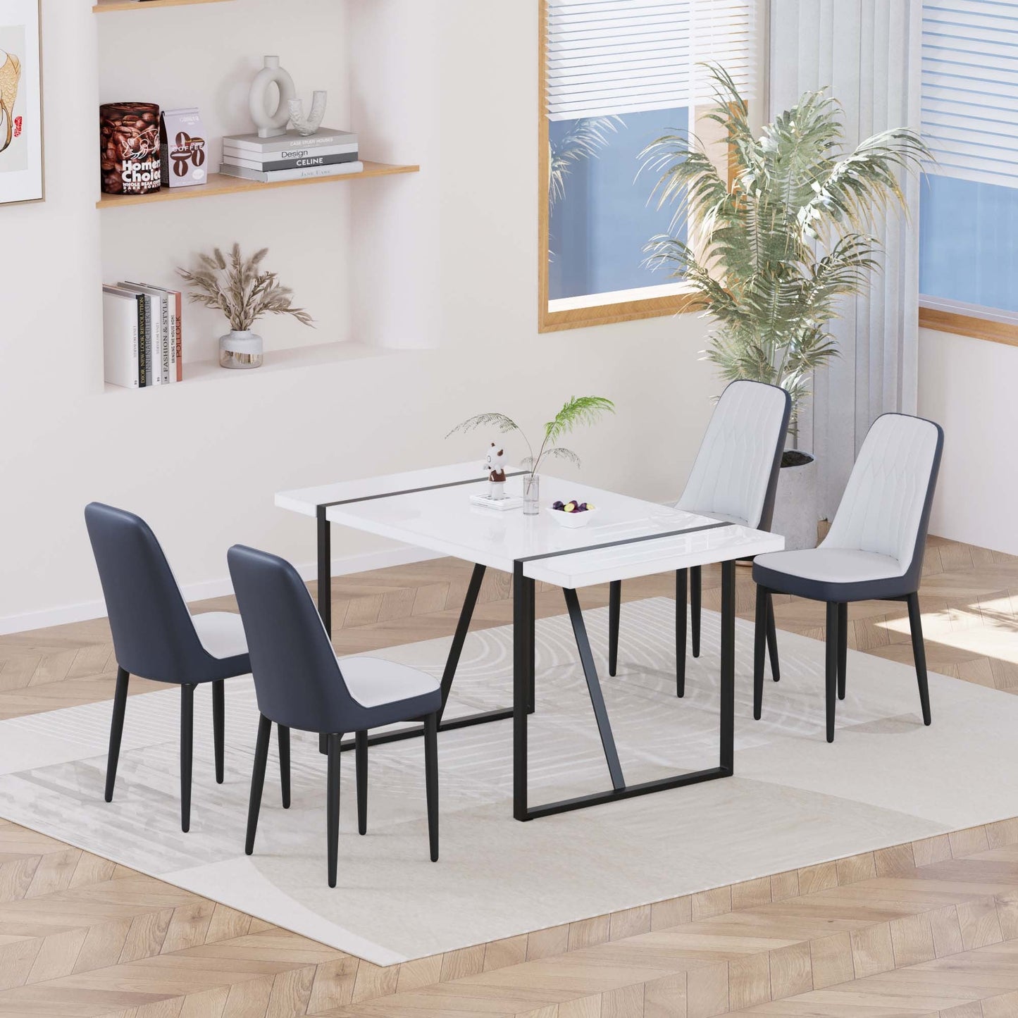 55 '4-person modern MDF dining table set, kitchen black metal leg dining table