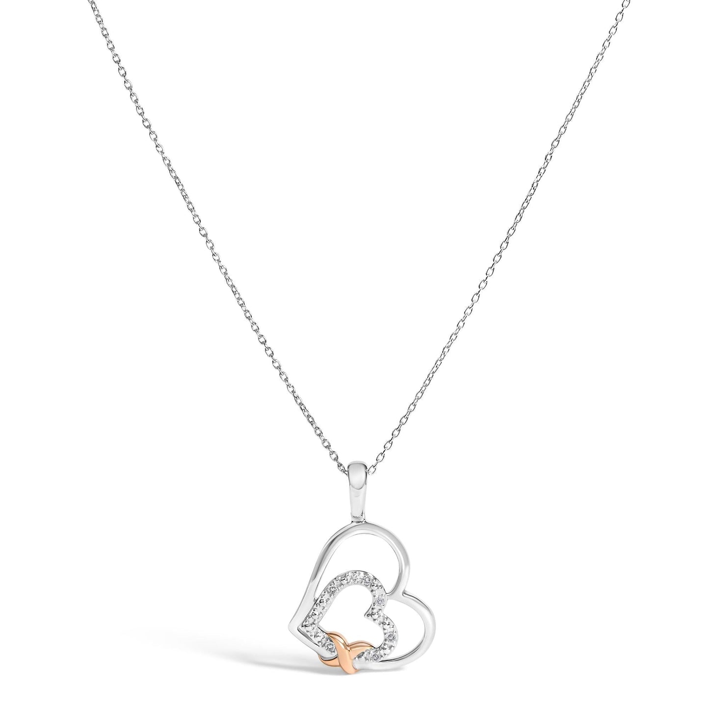 Diamond Double Heart Pendant Necklace in Sterling Silver with 10K Rose Gold Accent