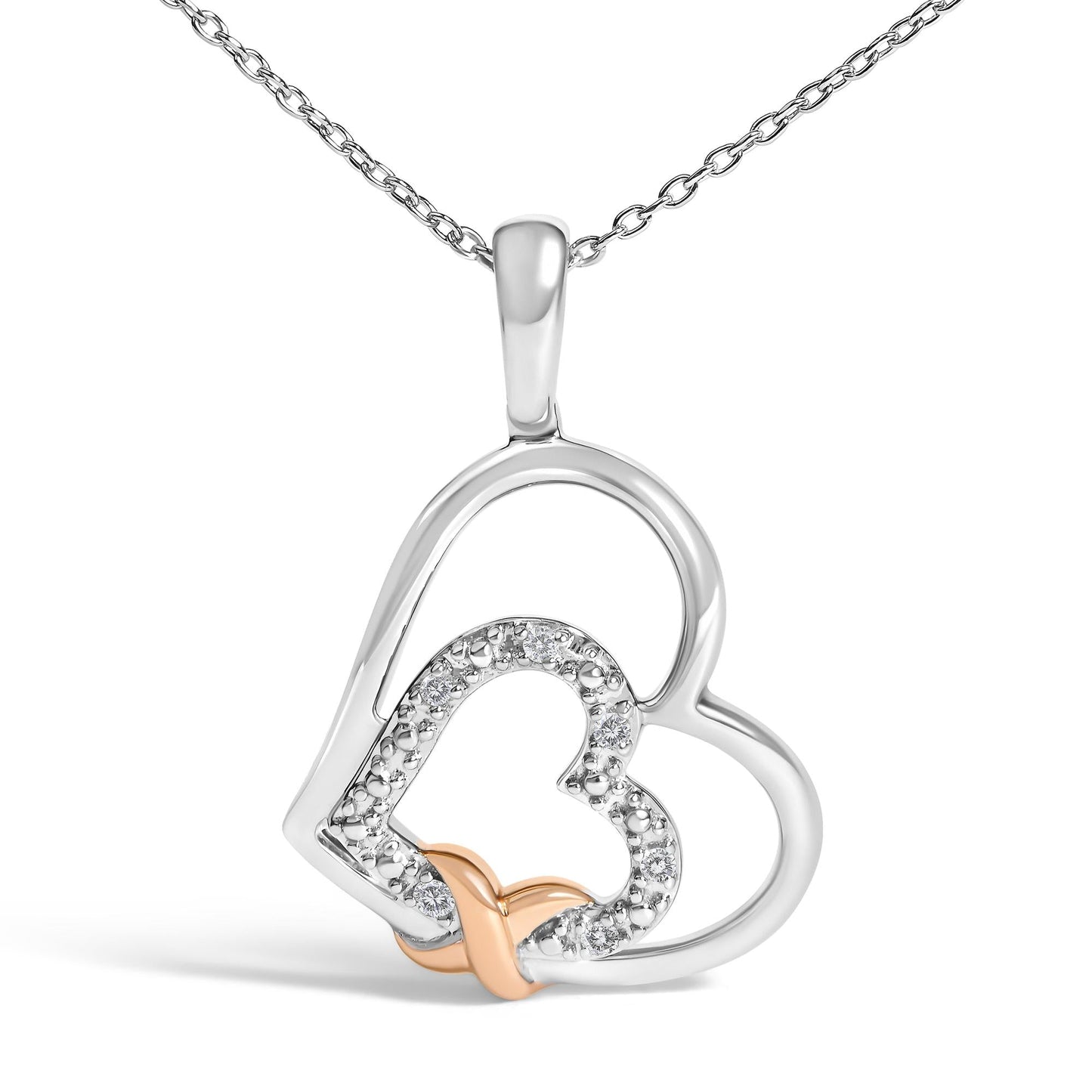 Diamond Double Heart Pendant Necklace in Sterling Silver with 10K Rose Gold Accent