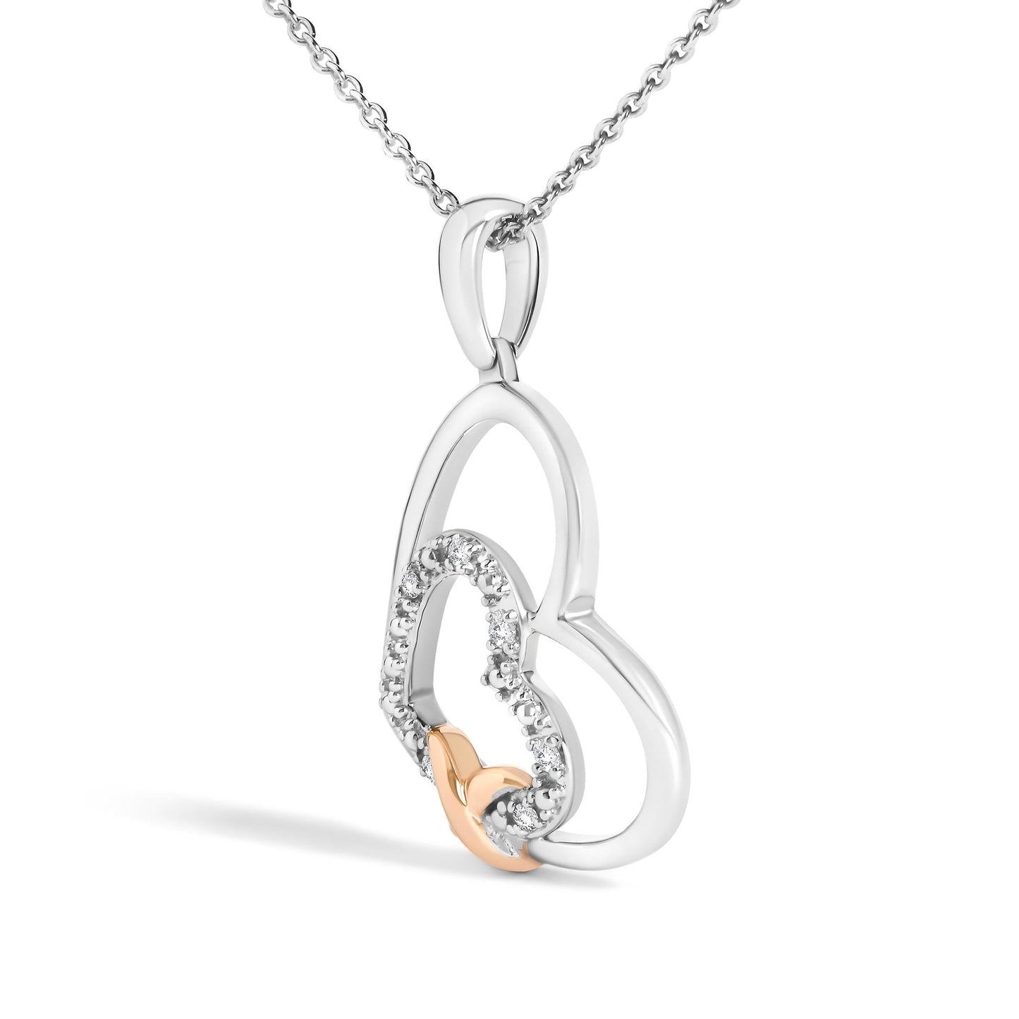 Diamond Double Heart Pendant Necklace in Sterling Silver with 10K Rose Gold Accent