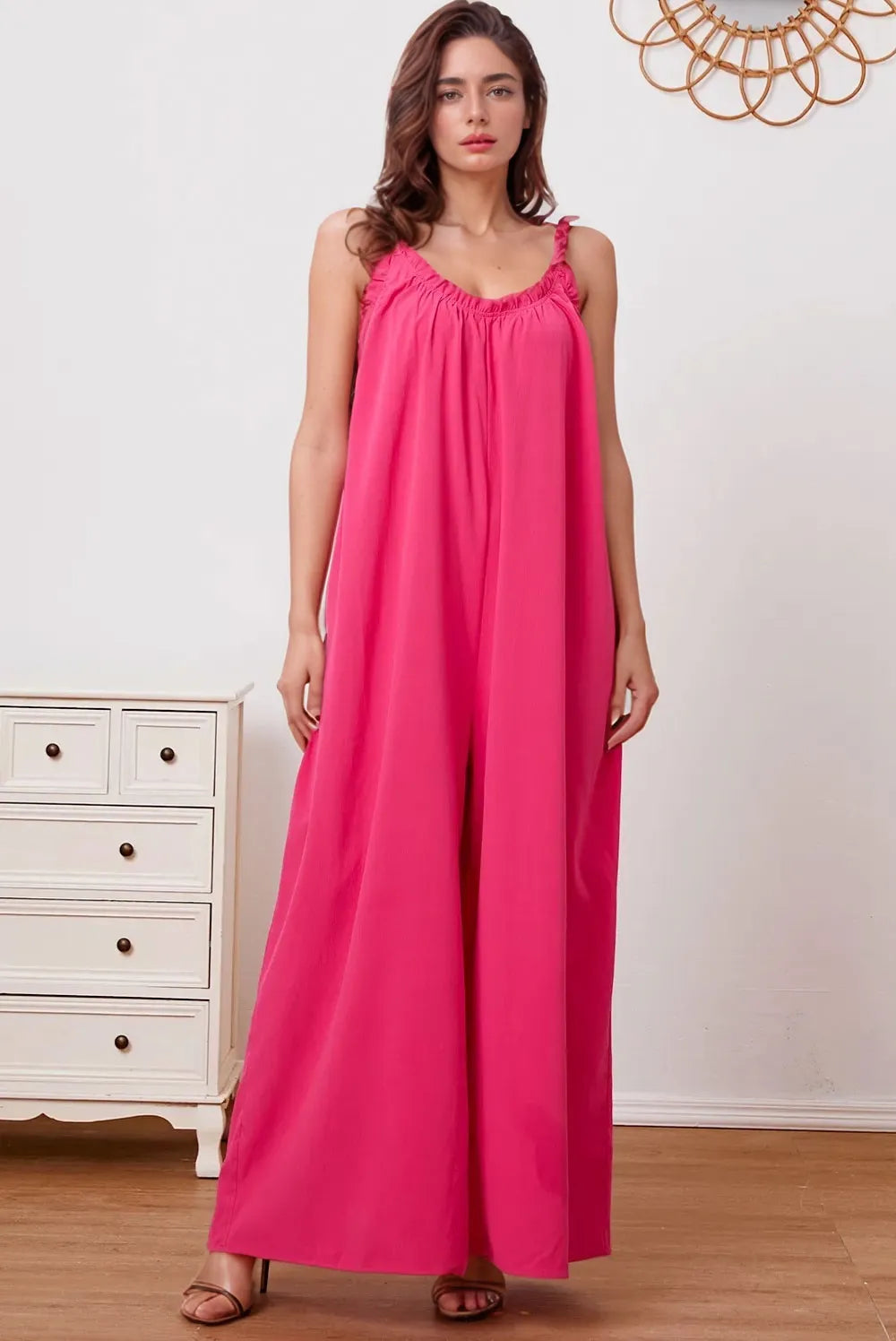 Double Take Full Size Ruffle Trim Tie Back Cami Jumpsuit with Pockets