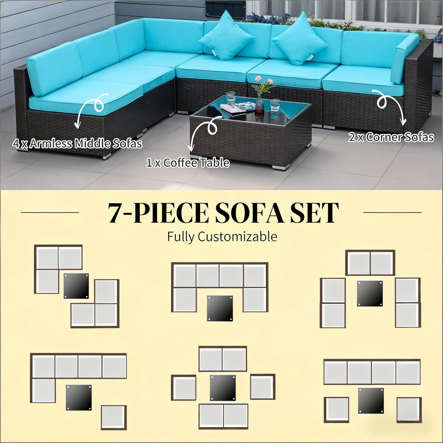 Outdoor Sectional Set PE Rattan Steel Turquoise 7pc