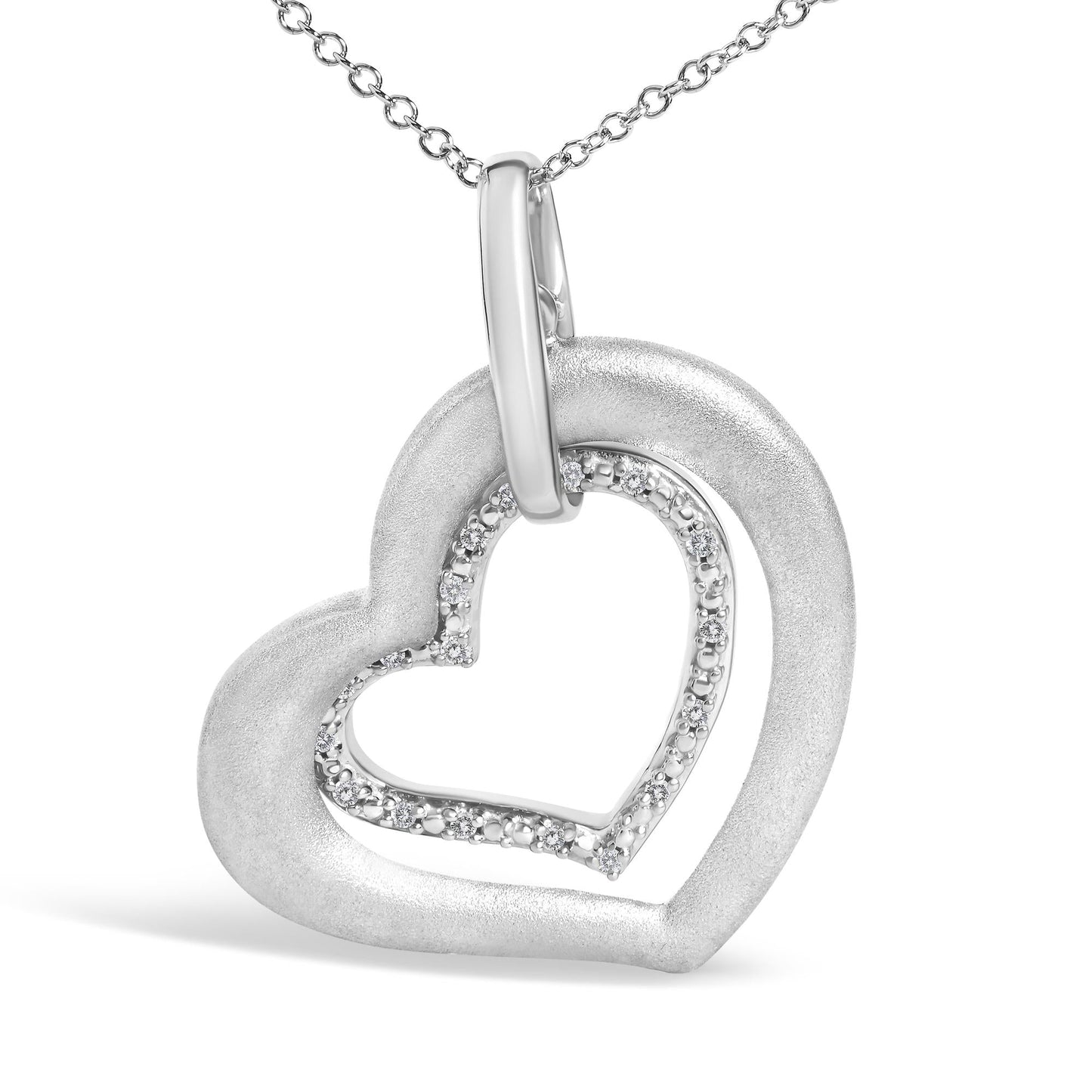 Diamond Matte Finish Heart Pendant Necklace in Rhodium-Plated Sterling Silver