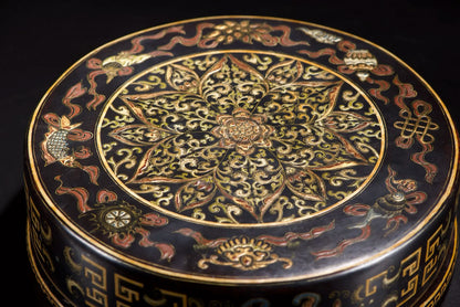 Old Wood Lacquerware Storage Box – Gold Floral & Bat Pattern (Study Wealth Ornament)