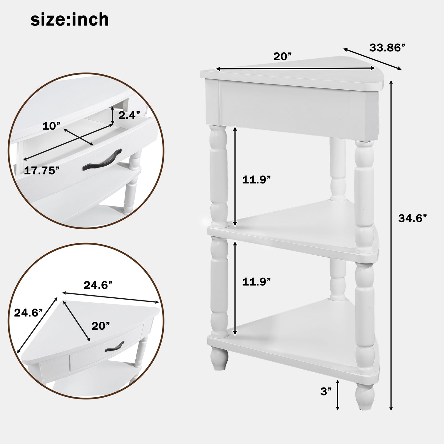 33.8 in Triangle Corner Table, 3-Tier Solid Wood Legs, Small Spaces, Milk White