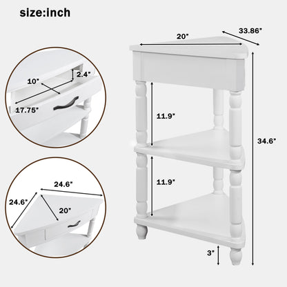 33.8 in Triangle Corner Table, 3-Tier Solid Wood Legs, Small Spaces, Milk White