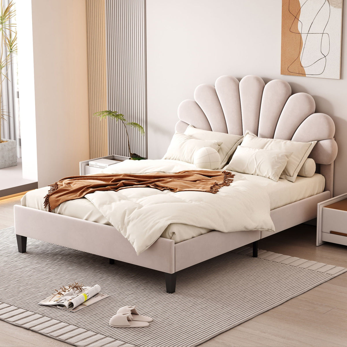 Upholstered Platform Bed With Flower Pattern Headboard