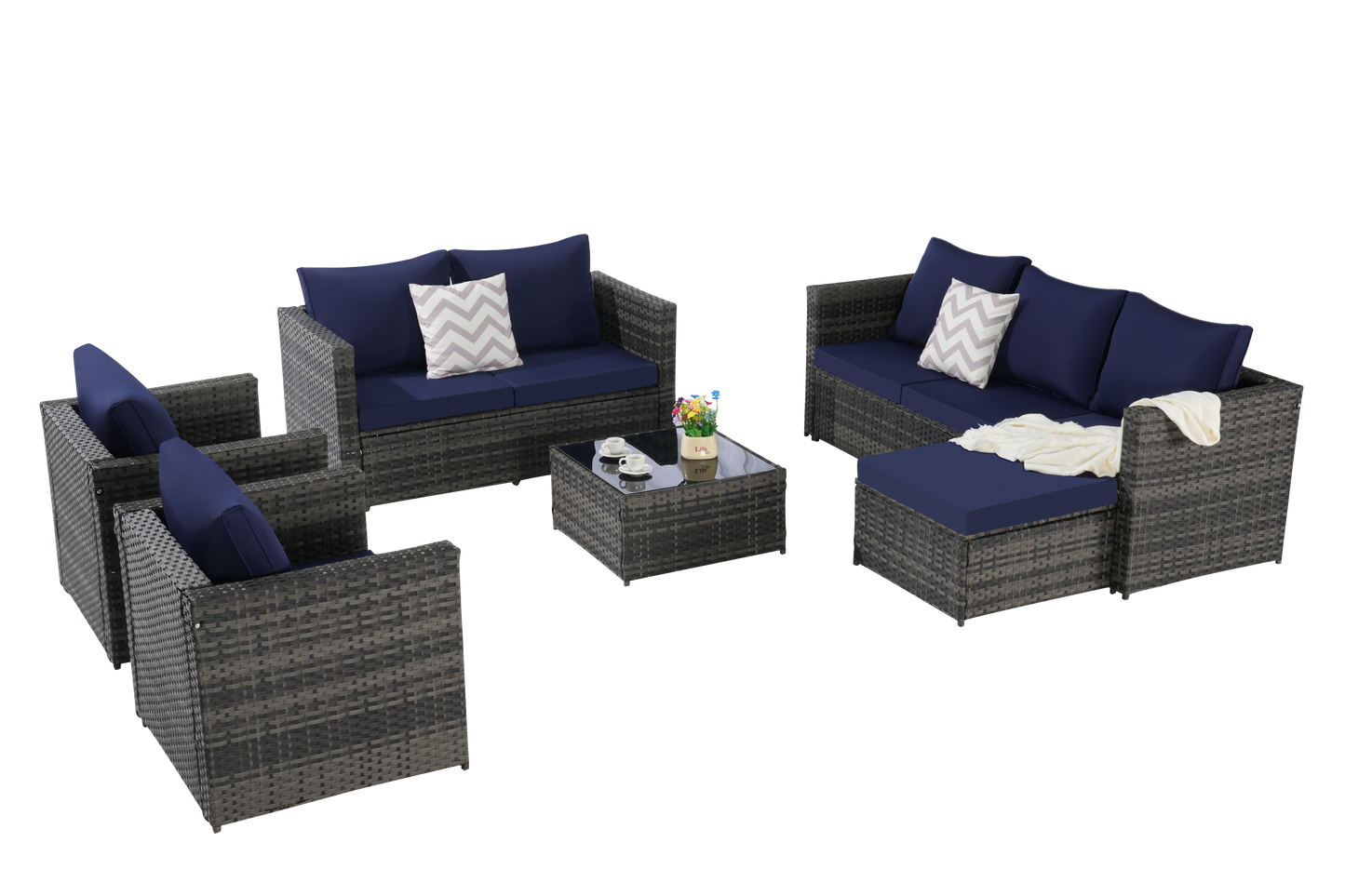 Outdoor Patio Set PE Rattan Steel Dark Blue Cushion 6 Piece Seats 8