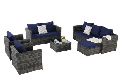 Outdoor Patio Set PE Rattan Steel Dark Blue Cushion 6 Piece Seats 8