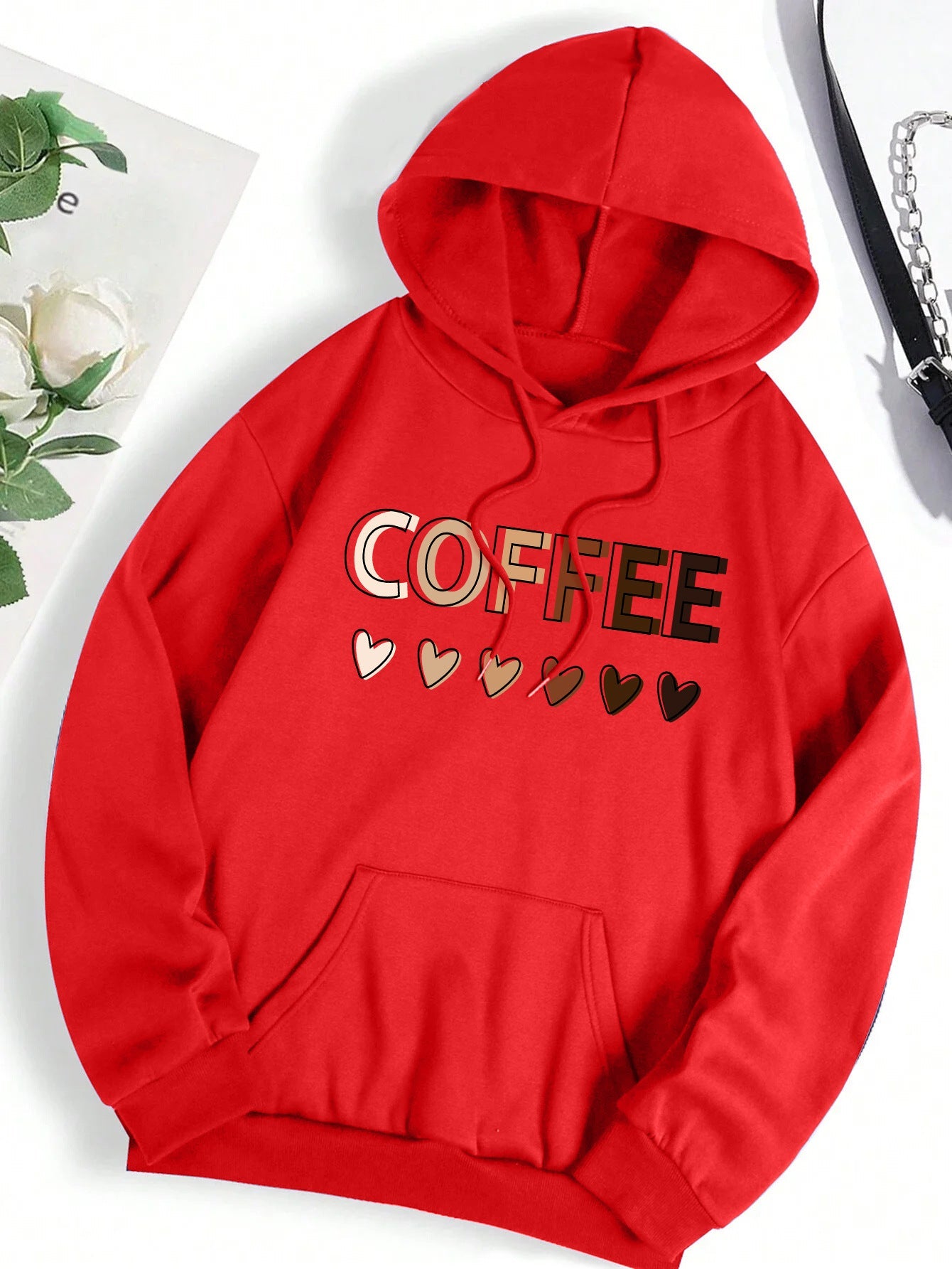 Casual Hooded Sweatshirt With Coffee-themed Lettering Print