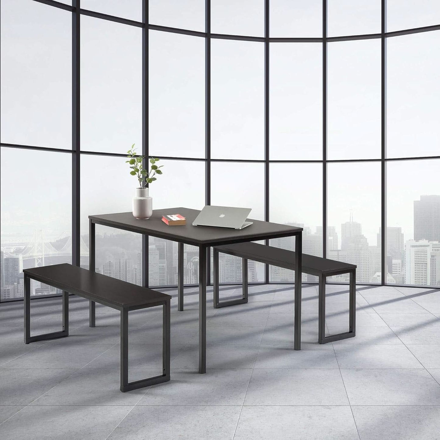 Espresso Textured Metal Frame Dining Table Benches