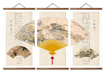 Chinese Fan Wall Art Scroll – Creative Solid Wood Hanging Poster