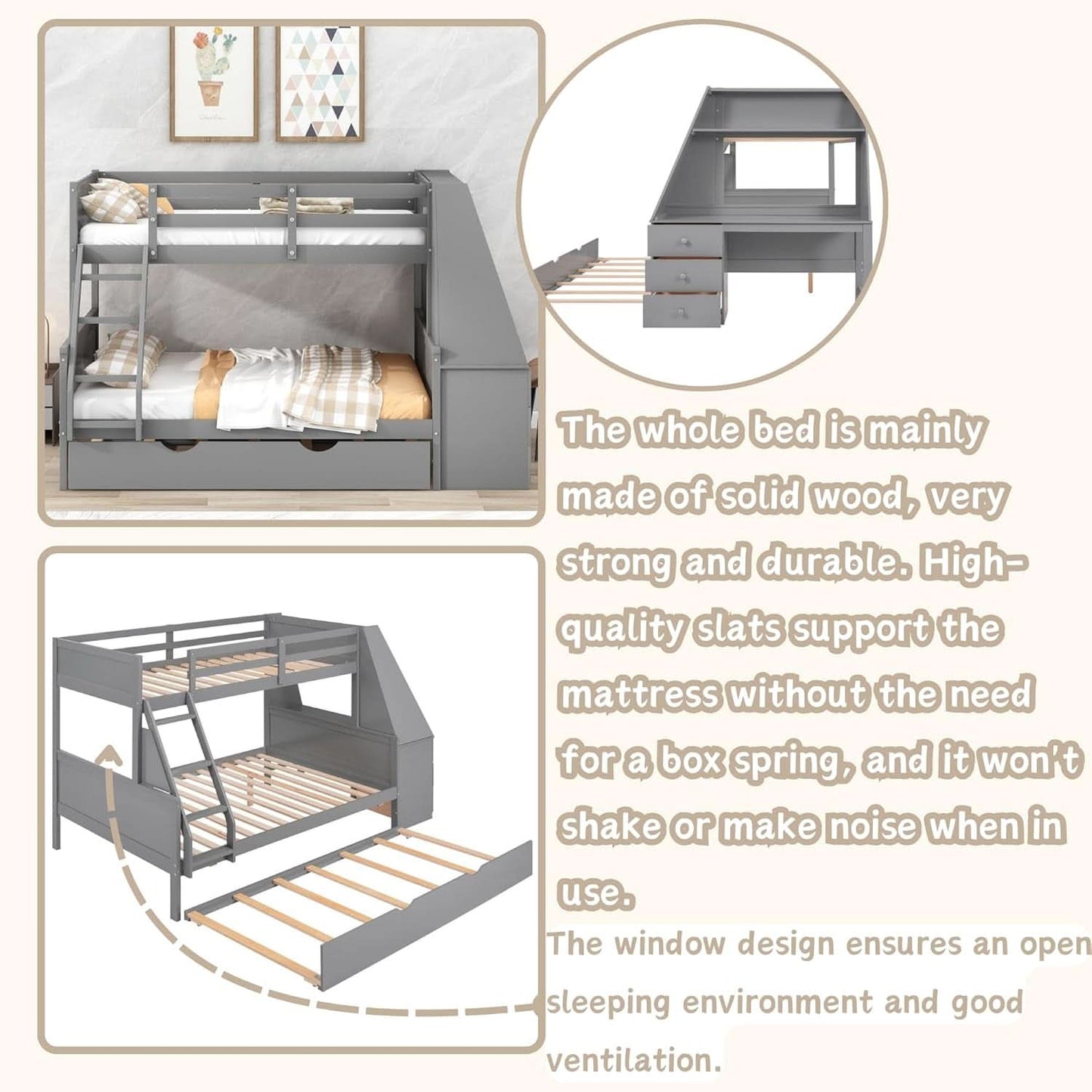 Gray Twin Over Full Bunk Bed With Trundle And Desk