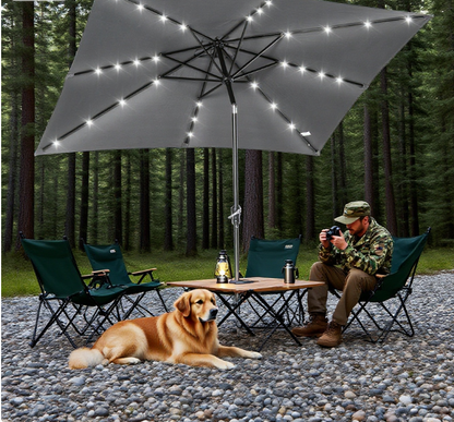 Patio Umbrella Round Solar LED Dark Gray Tiltable 45 Degree Crank