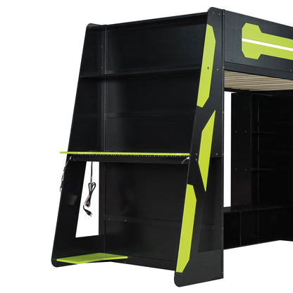 Twin Size Wood Loft Bed with Desk, Multi-storage Shelves and RGB Light, Green