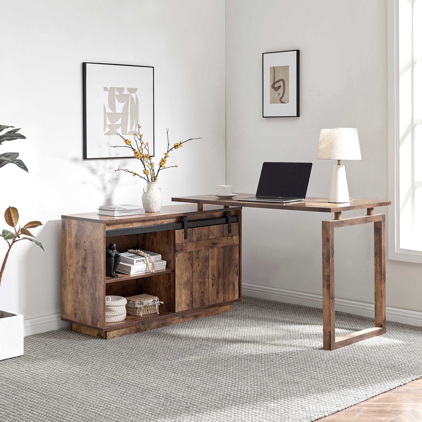 Desk L-shaped Workstation Home Office storage credenza sliding barn door Wood