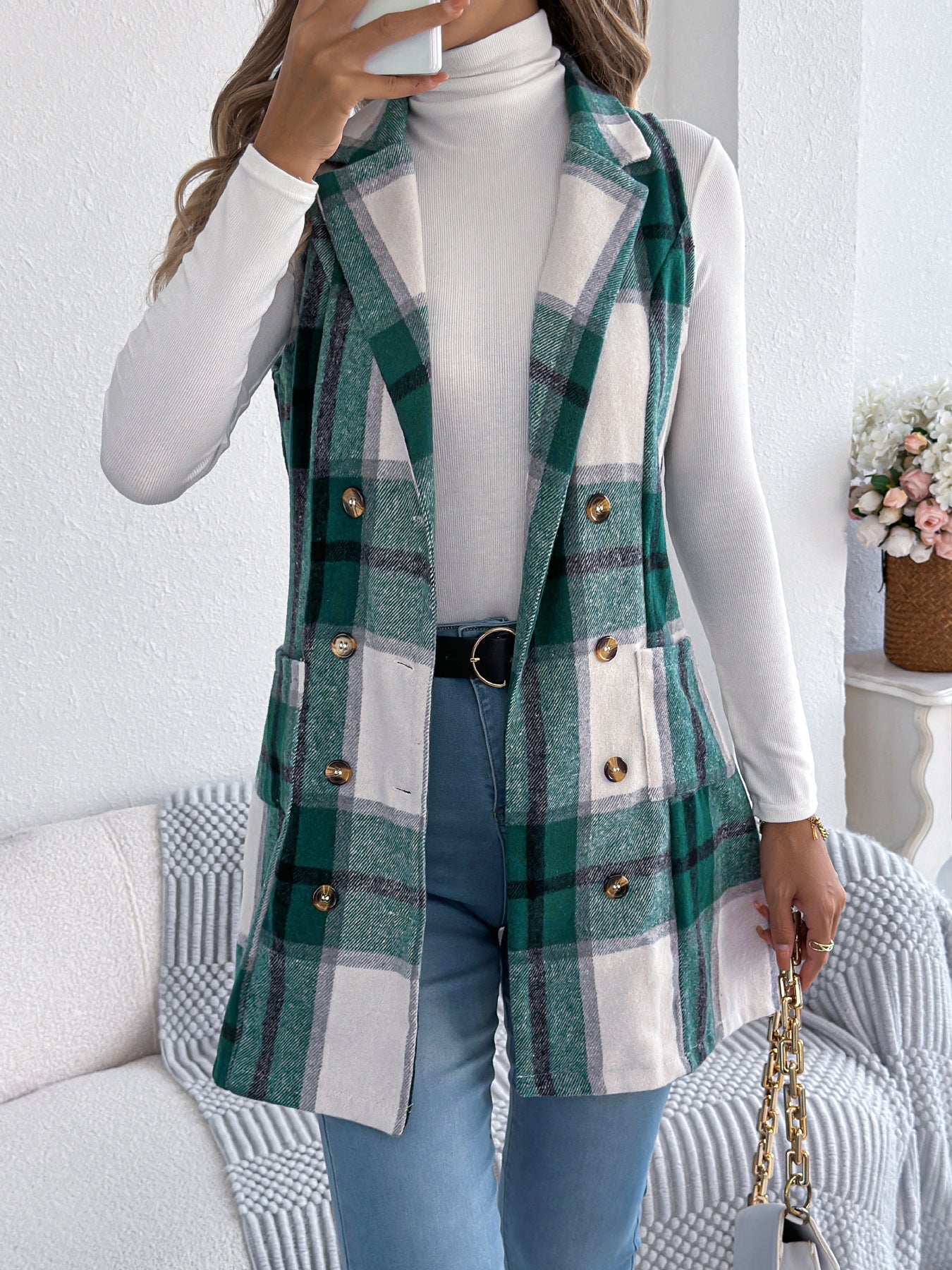 Women's Plaid Double-Breasted Pocket Tweed Long Vest