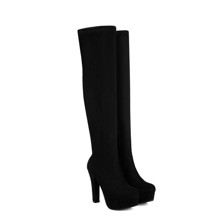 Womens Round-toe Chunky High-heeled Solid-color Side-zip Long Boots