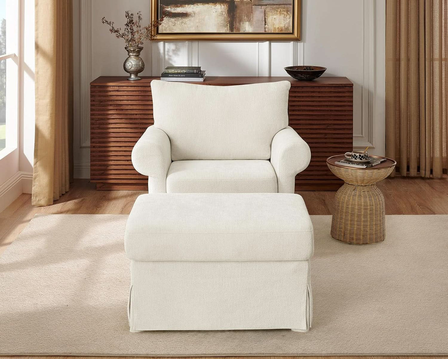 Beige Chenille Contemporary Ottoman Reading Chair Set