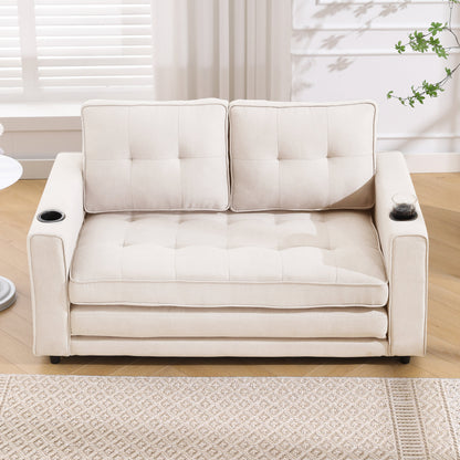 Sofa Bed Futon Tufted 3-in-1 Beige Pull-Out Sleeper Cup Holders 55 In