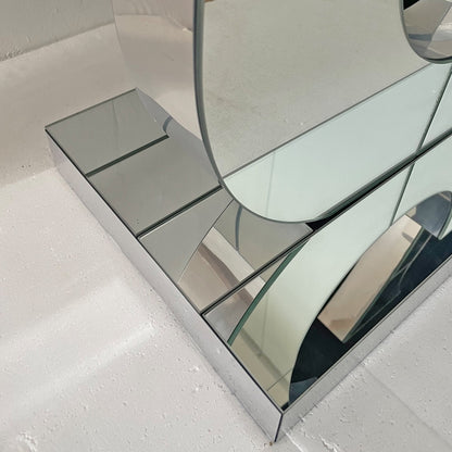 Modern Mirror Side Table, Glass, Double C-Shaped Base, Hall Table, Silver