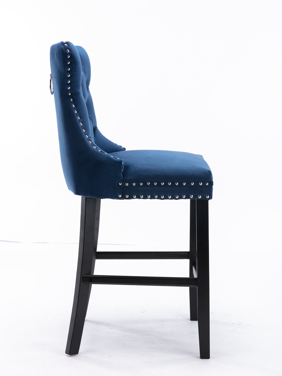 Contemporary Velvet Upholstered Barstools Button Tufted with Wooden Legs Set of 2, Blue