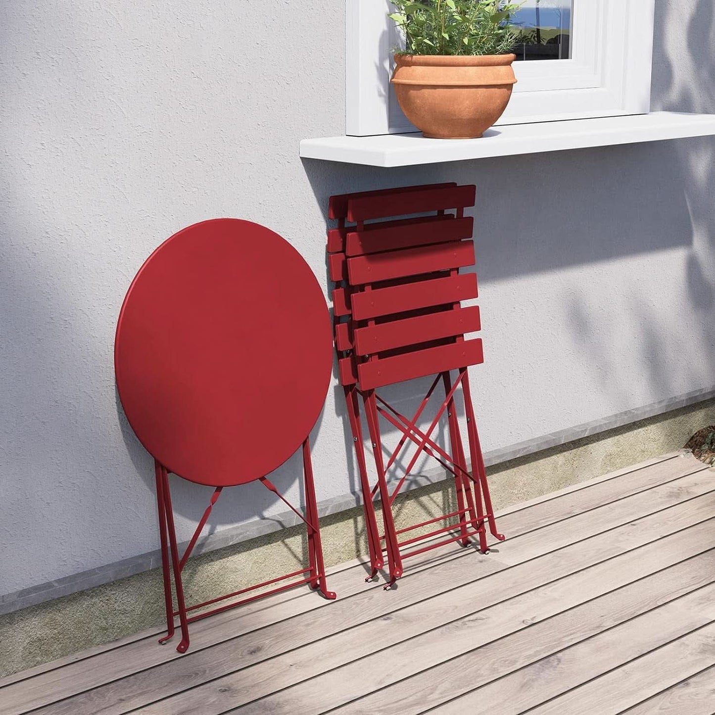3-Piece Folding Outdoor Bistro Set Red Cushioned Seats