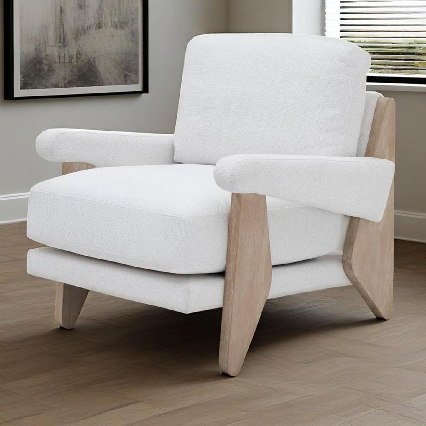 Ivory Chenille Accent Chair Solid Wood LivingRoomSet
