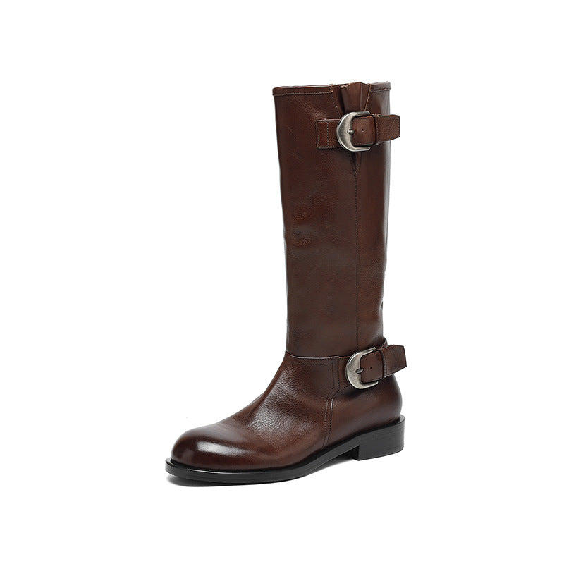 Womens Chunky Low-heeled Leather Round-toe Knee-high Boots