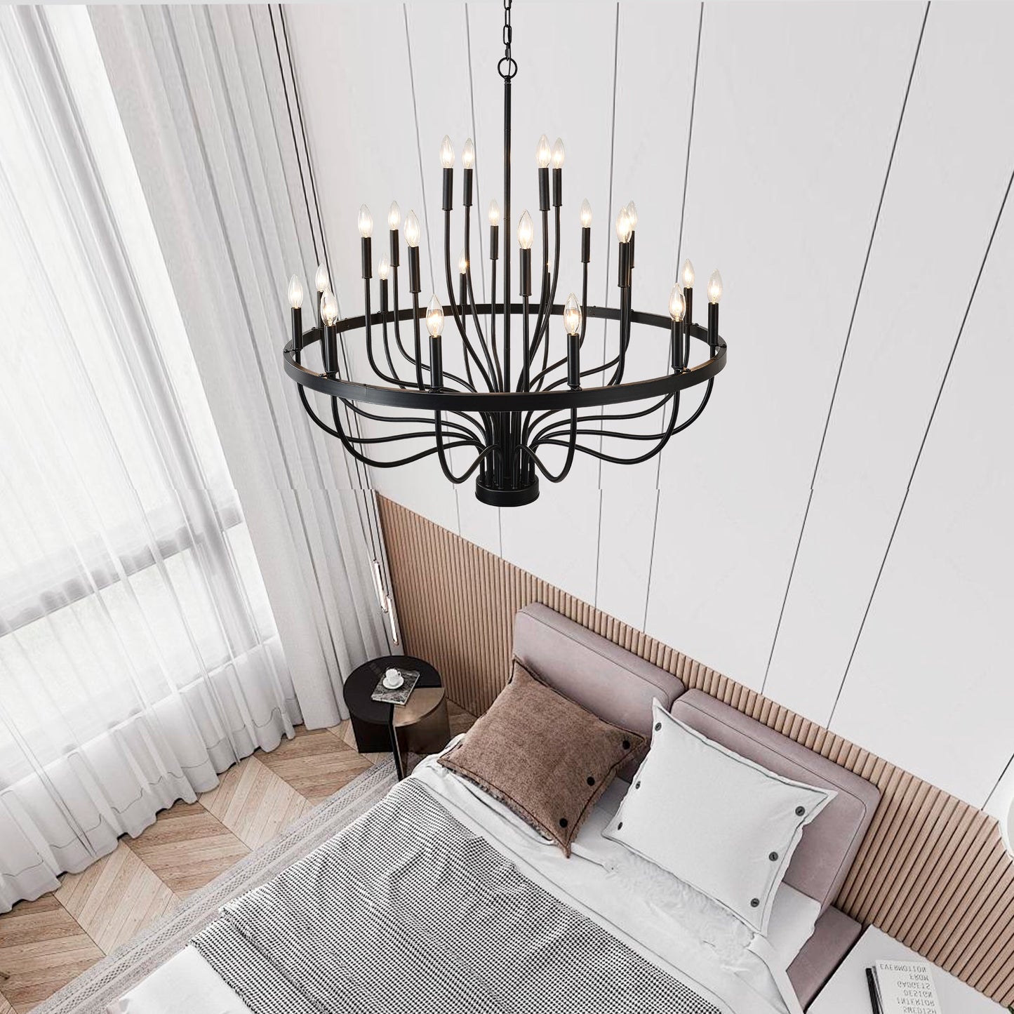 Chandelier 36-Light Black Industrial Iron Candle Farmhouse Pendant