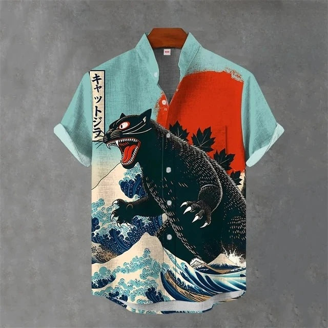 Animal-print Mens Shirt Summer Casual Short Sleeves