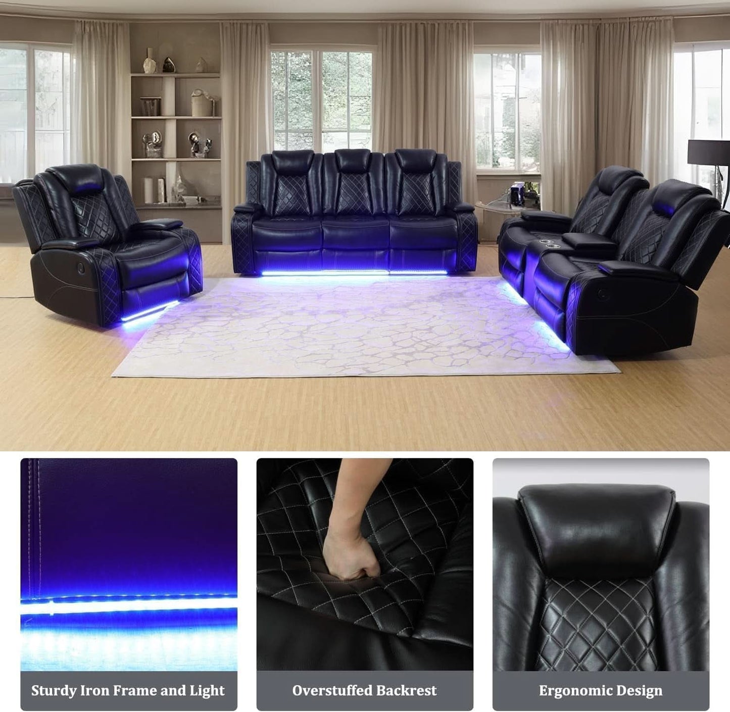 Black Power Recliner Sofa Set With LED And USB Charging