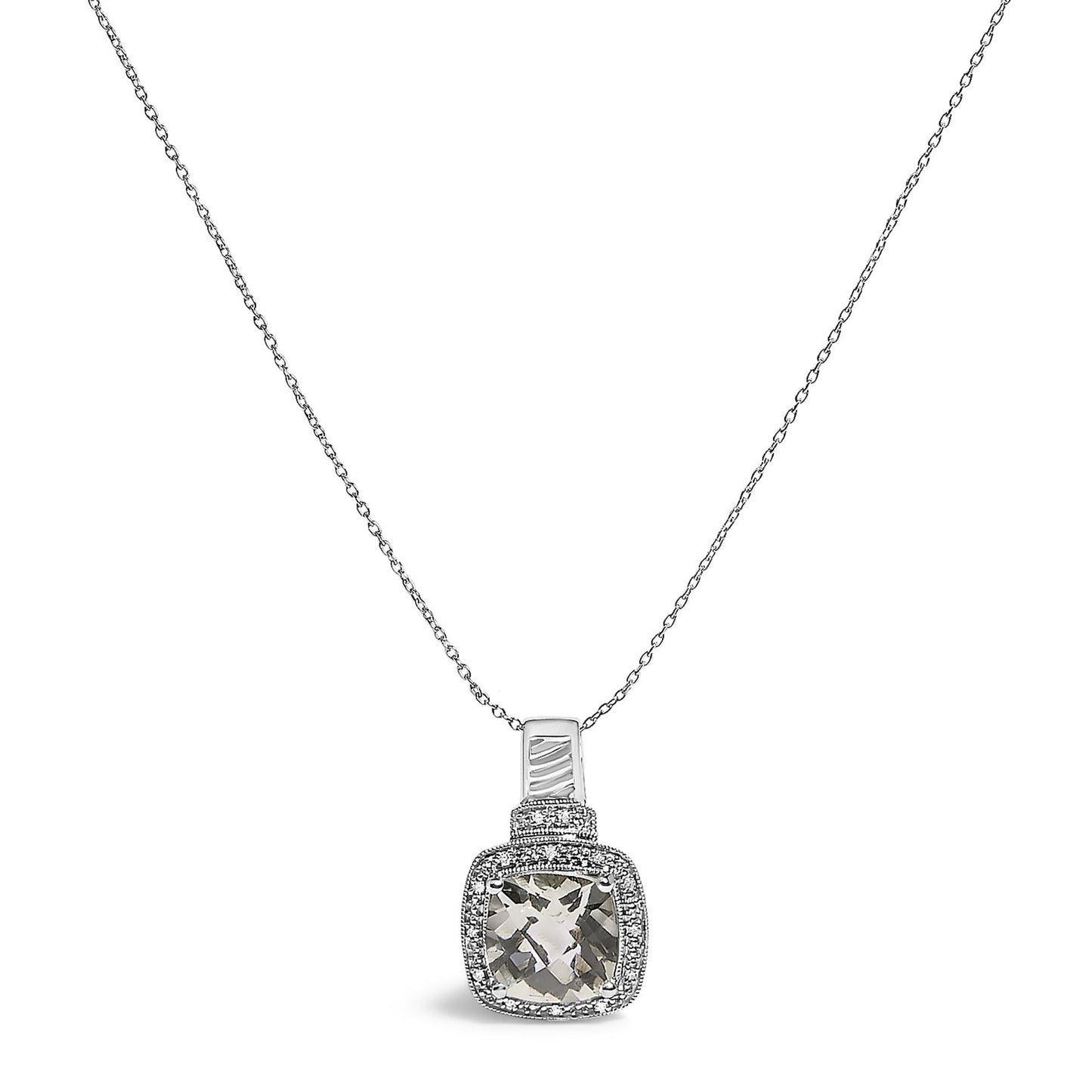 Gray-Green Amethyst & Diamond Halo Pendant Necklace in Sterling Silver
