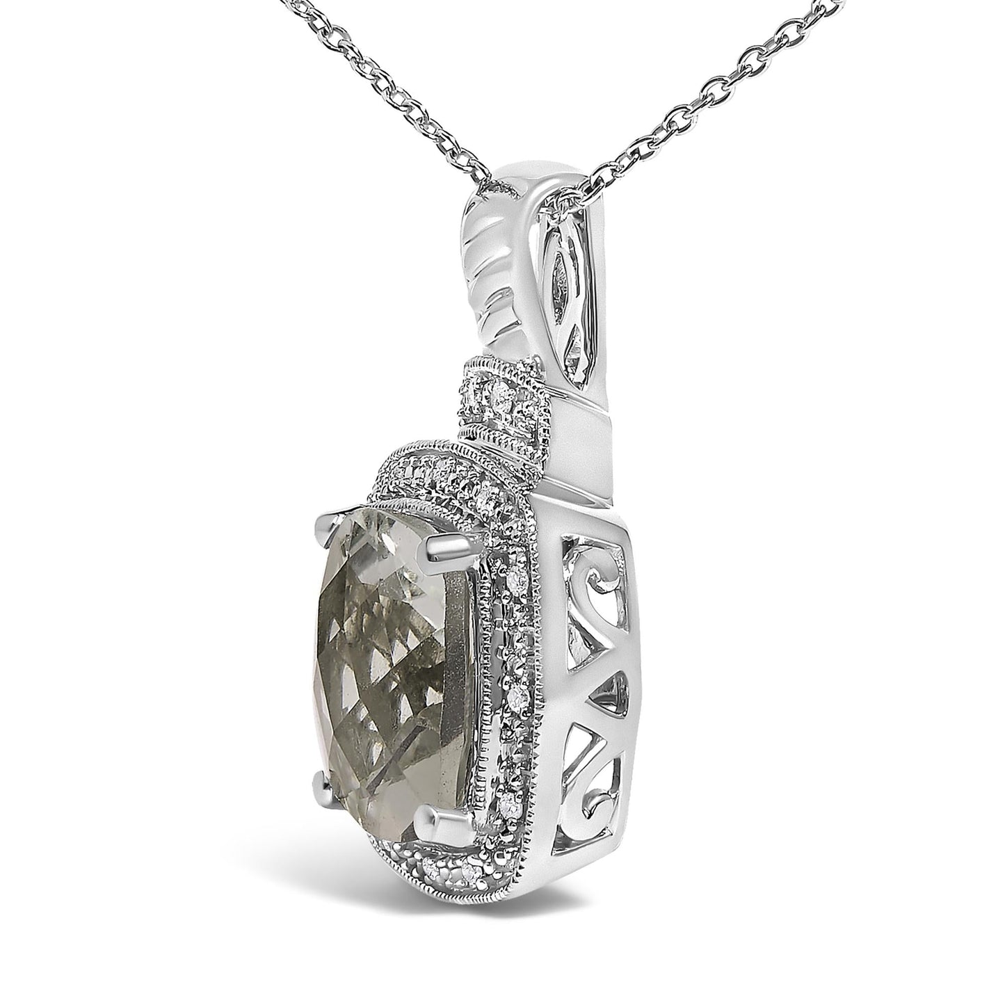 Gray-Green Amethyst & Diamond Halo Pendant Necklace in Sterling Silver