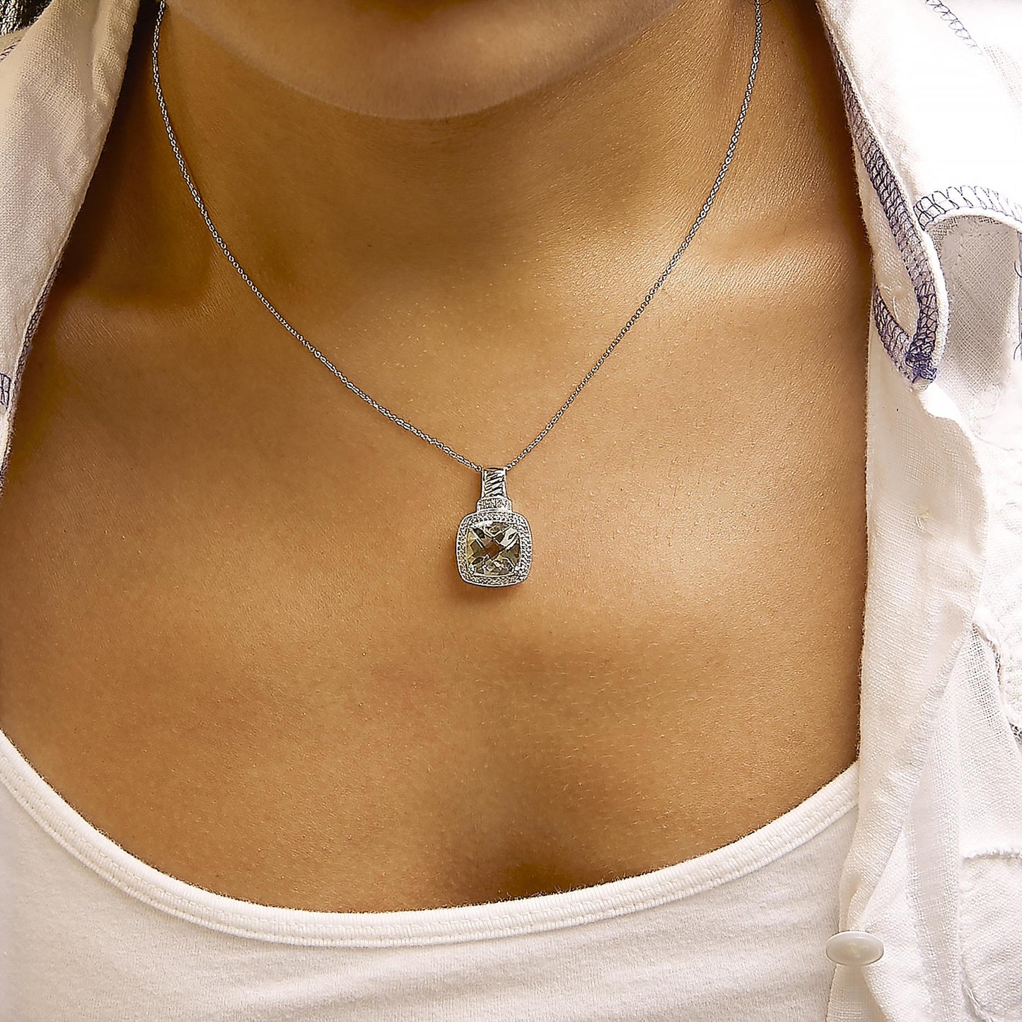 Gray-Green Amethyst & Diamond Halo Pendant Necklace in Sterling Silver