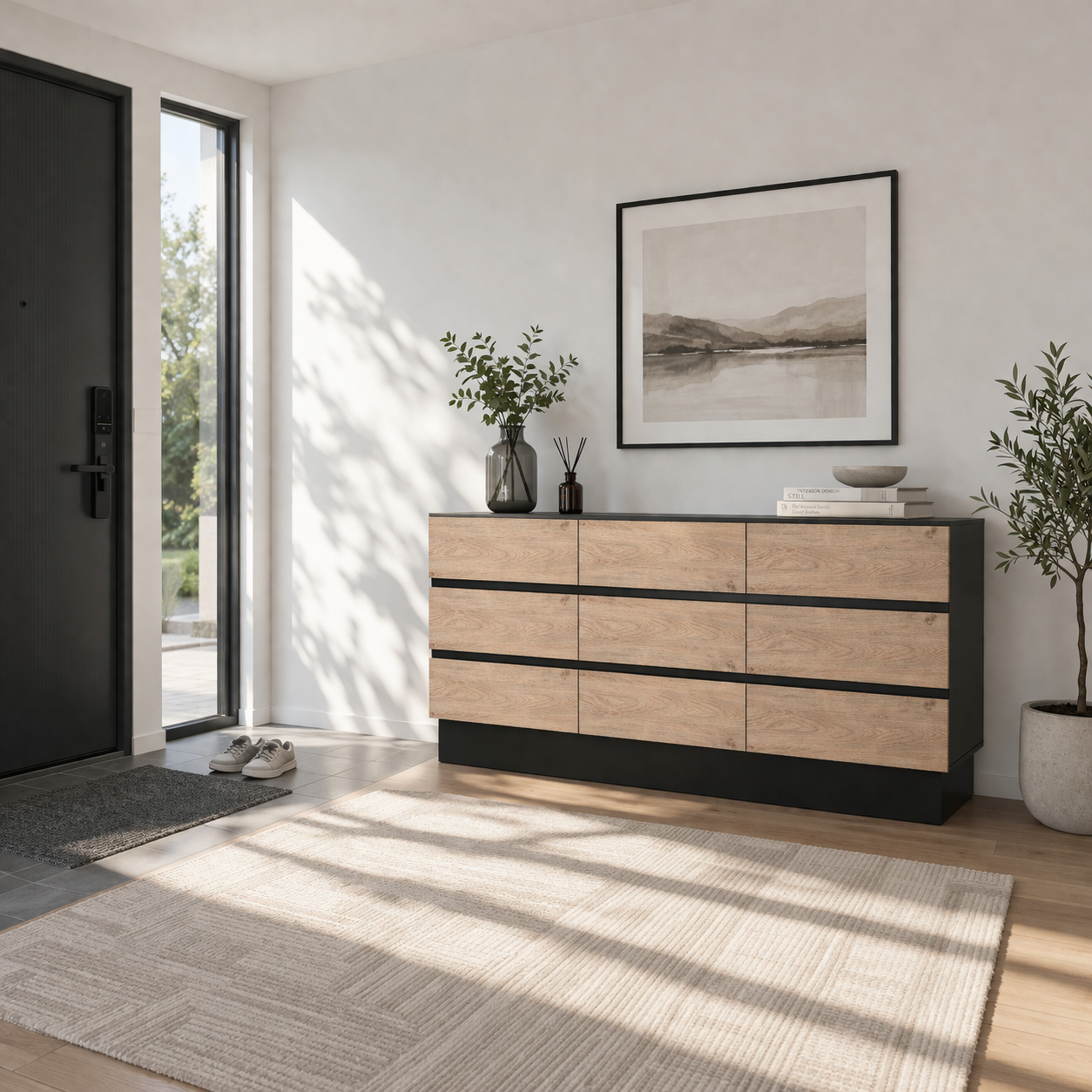 Dresser Modern 9-Drawer Oak MDF Handleless 62.9x15.6x31.1 In