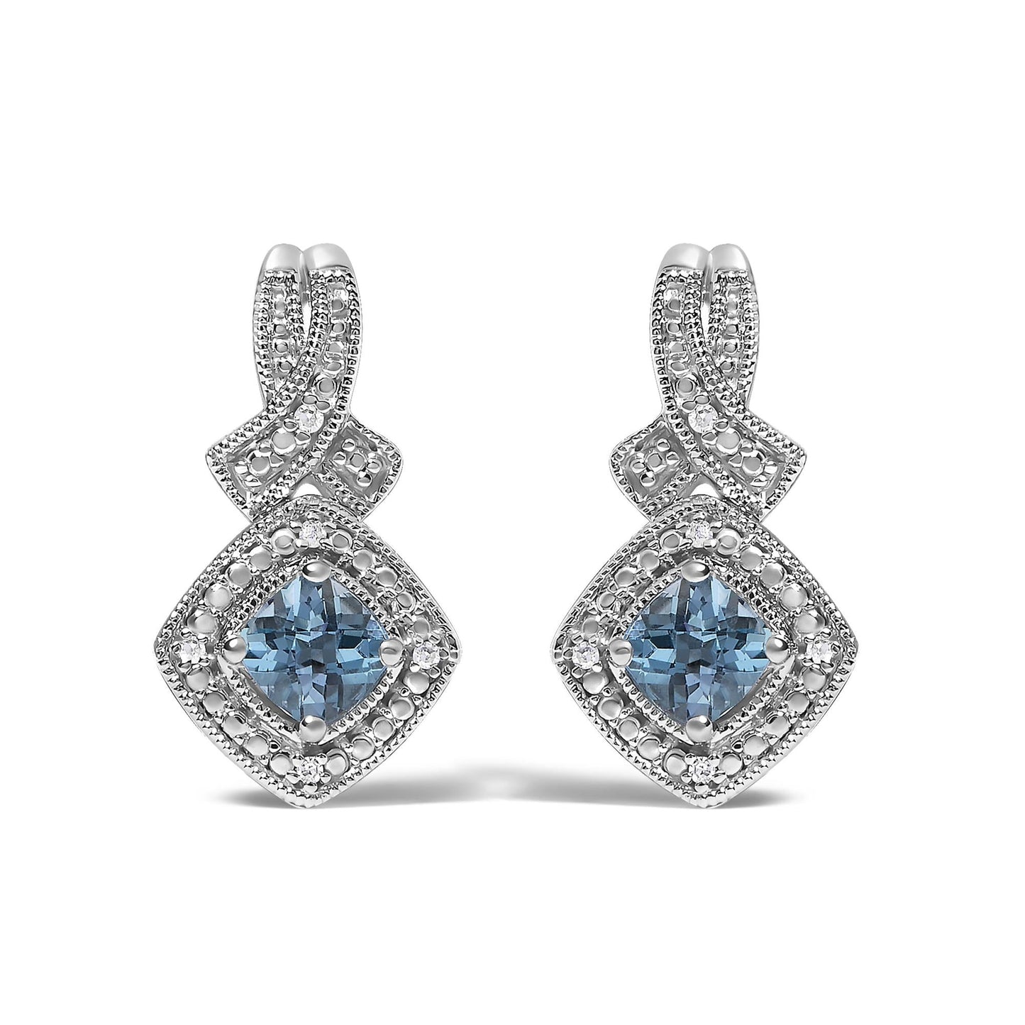 Blue Topaz & Diamond Accent Twist Dangle Earrings in Sterling Silver – Cushion Cut