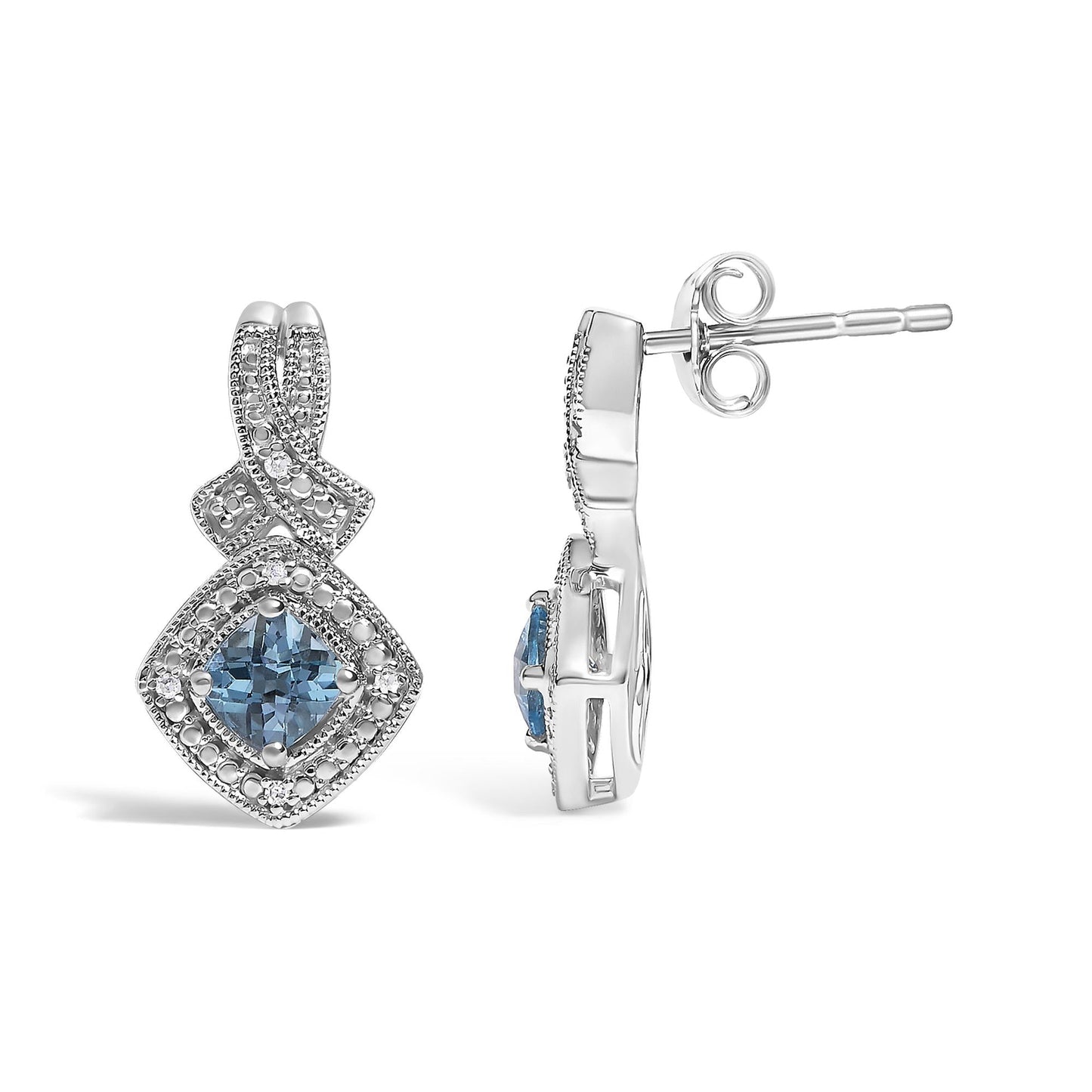 Blue Topaz & Diamond Accent Twist Dangle Earrings in Sterling Silver – Cushion Cut