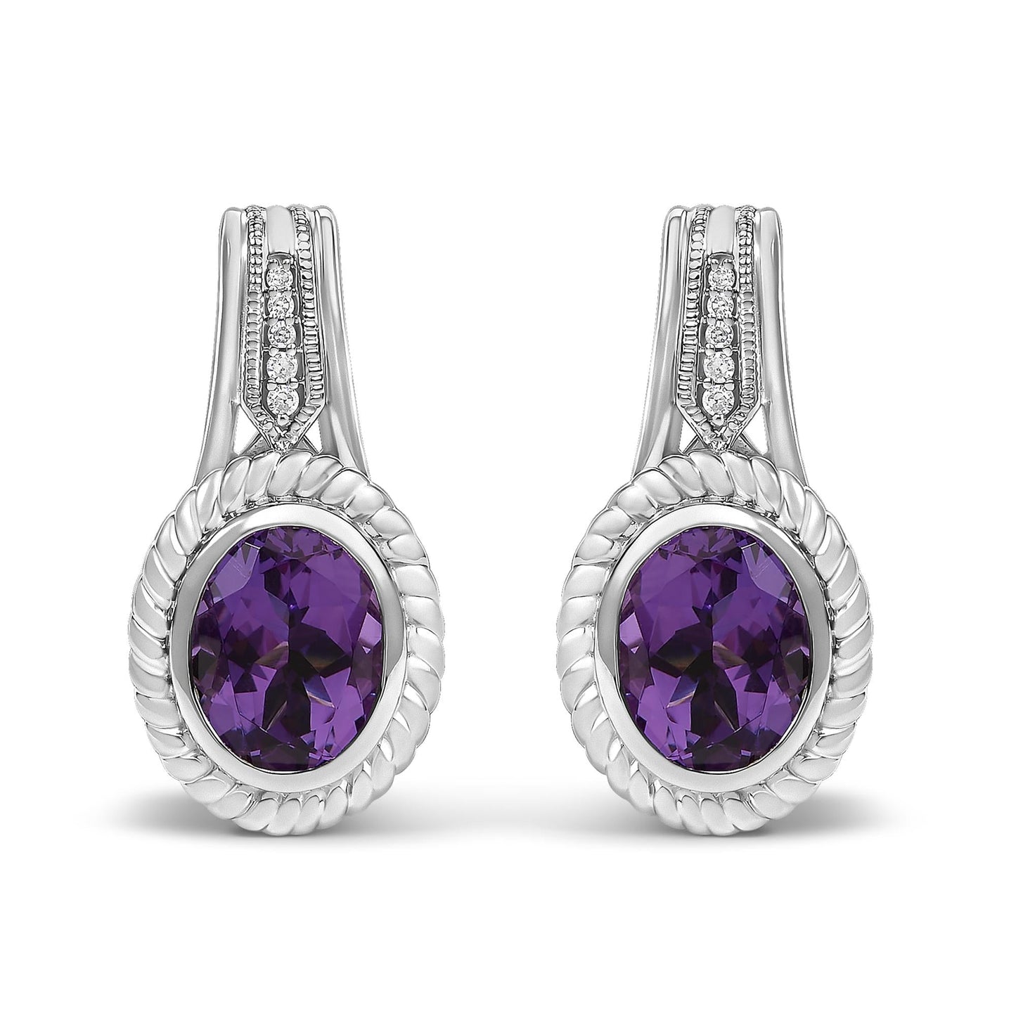 Amethyst & Diamond Accent Rope Design Drop Earrings in Sterling Silver – Oval Cut
